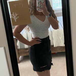 AE distressed jean skirt with embroidery detail